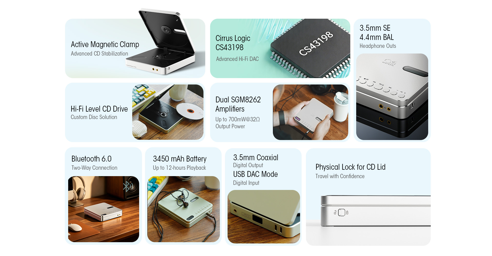 Shanling EC Play feature overview: Active Magnetic Clamp, CS43198 DAC, 3.5mm & 4.4mm dual output, Bluetooth 6.0, 3450 mAh battery