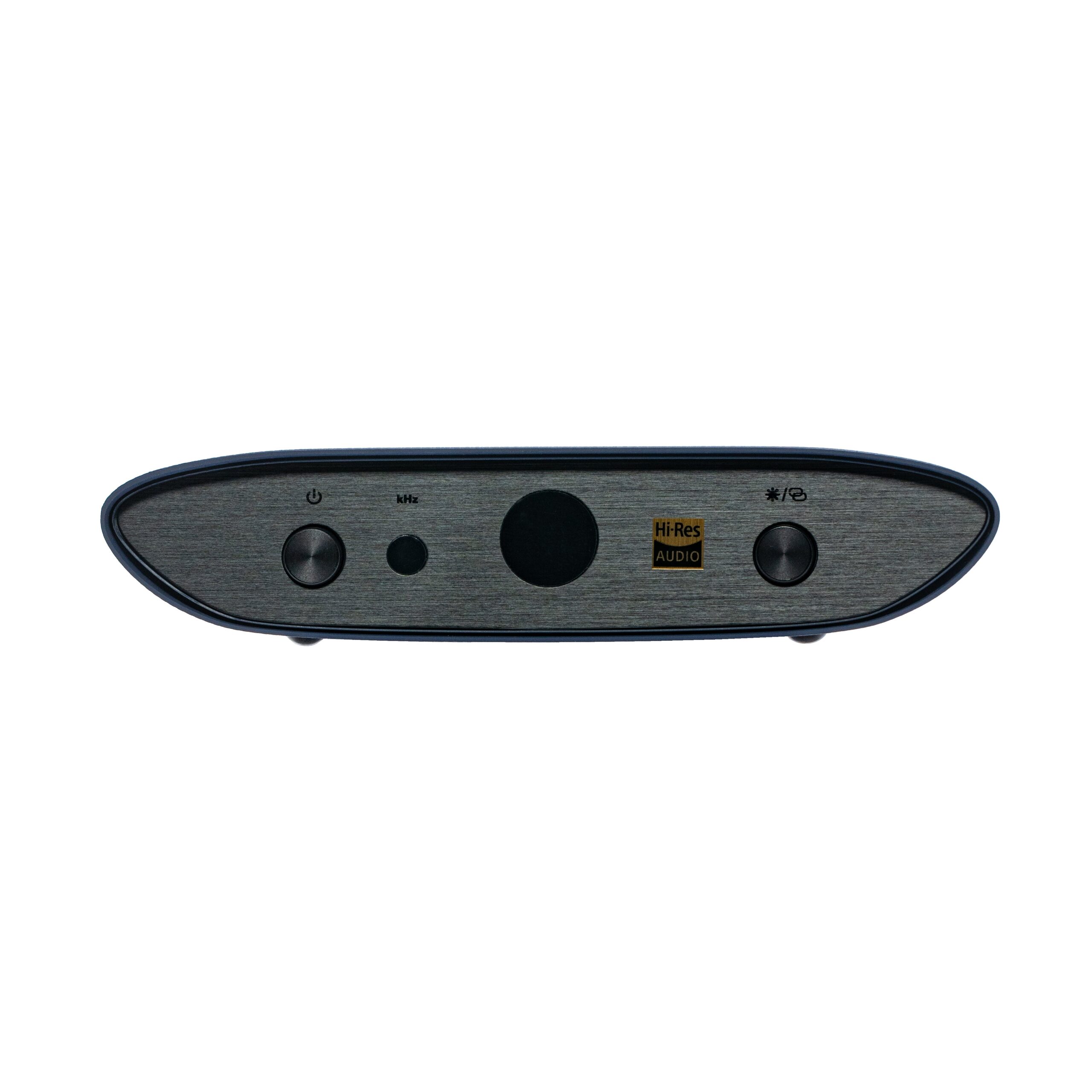 iFi Audio Zen Air Blue 2 藍牙接收器正面，深藍色機身配拉絲深灰金屬面板，中央 LED 狀態燈，Hi-Res Audio 認證標誌