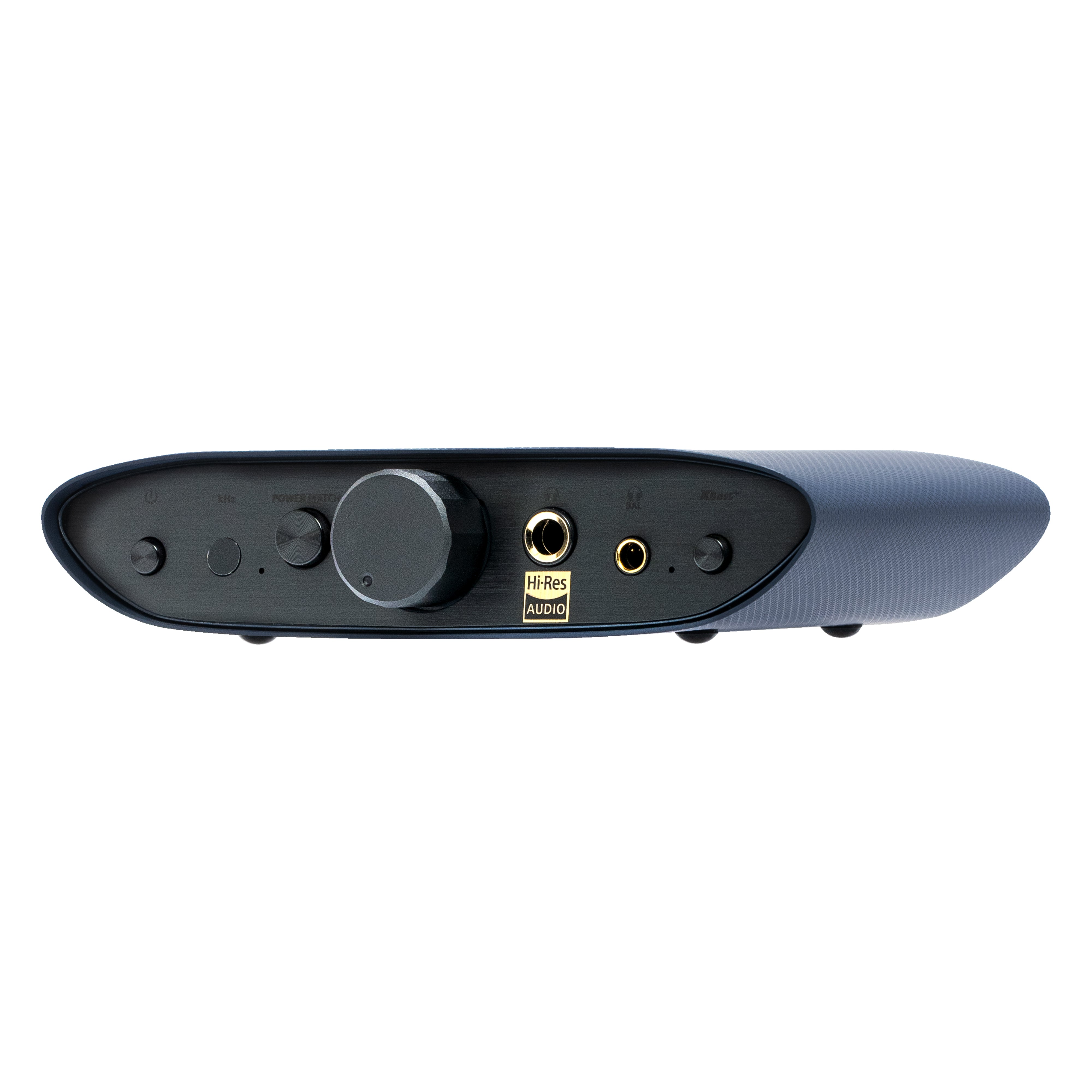 iFi Audio Zen Air DAC 2 午夜藍產品主視覺，深藍色弧形機身配黑色金屬面板，設有音量旋鈕、PowerMatch 按鍵、6.35mm 及 4.4mm 耳機輸出