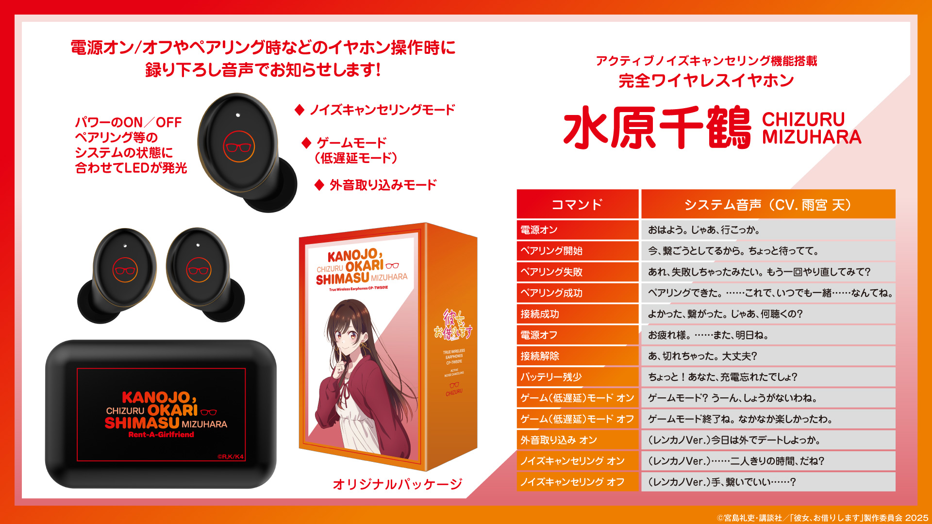 ONKYO CP-TWS01E 出租女友聯名 水原千鶴款 真無線耳機及語音指引表
