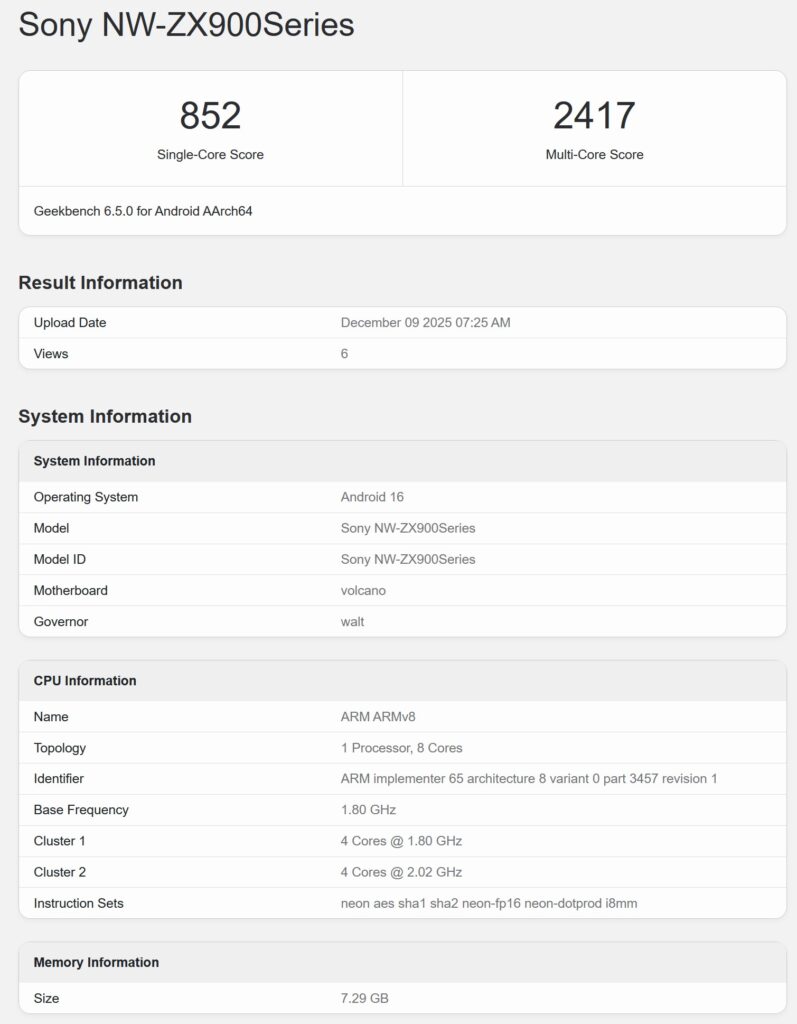 Sony NW-ZX900 Series Geekbench 6 跑分搜尋結果截圖