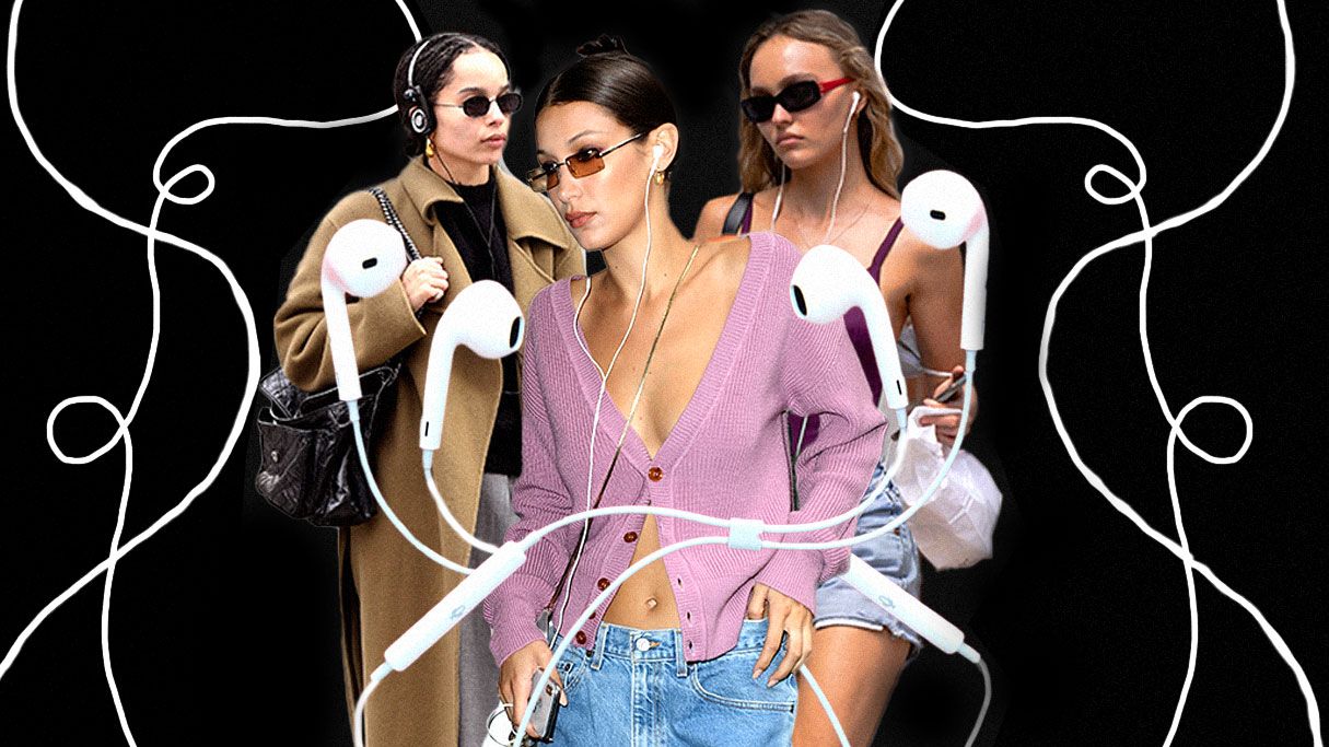 Zoë Kravitz, Bella Hadid, Lily-Rose Depp wearing wired headphones