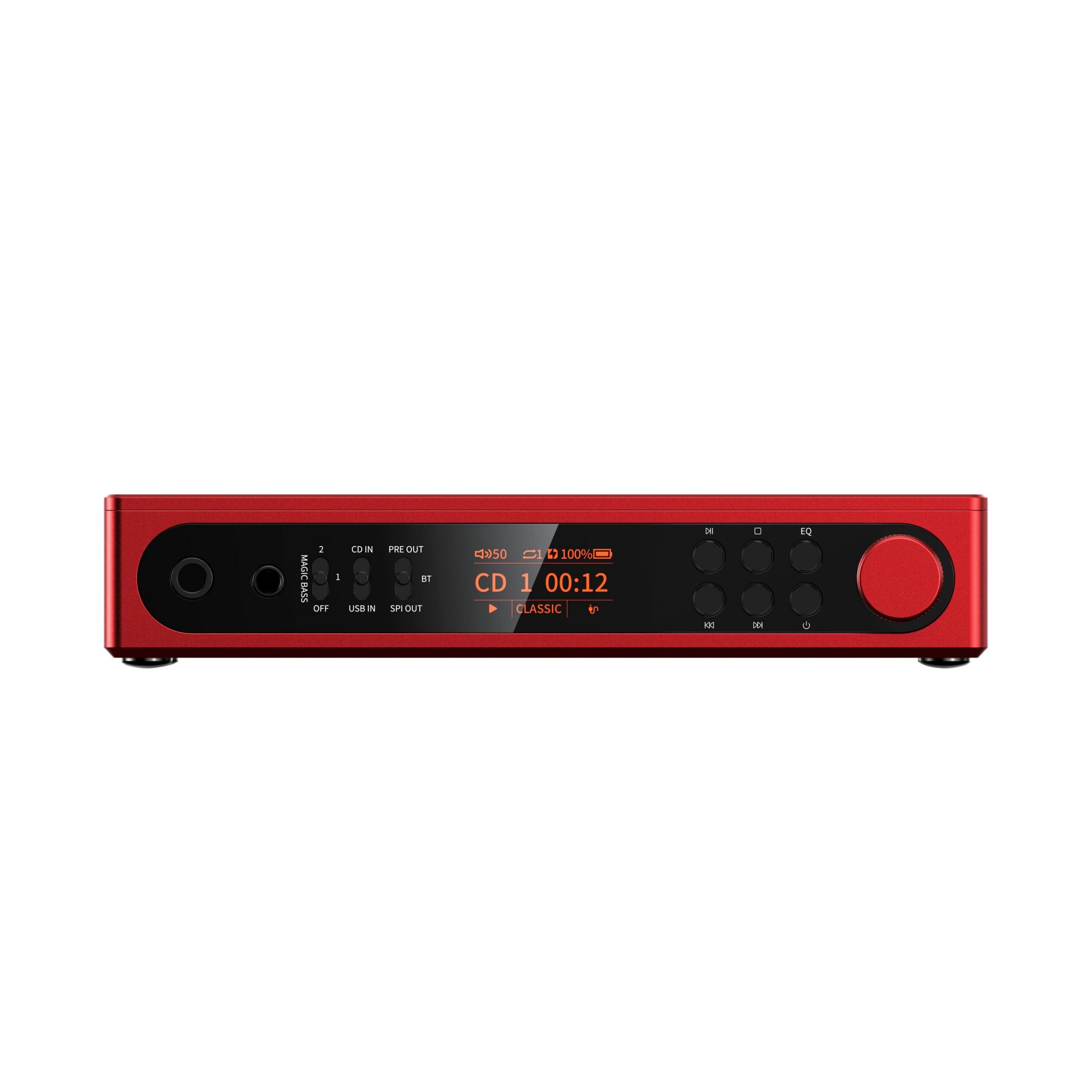 FiiO DM15 AKM 紅色前面板 — 顯示屏、機械按鍵、音量旋鈕、3.5mm + 4.4mm 輸出