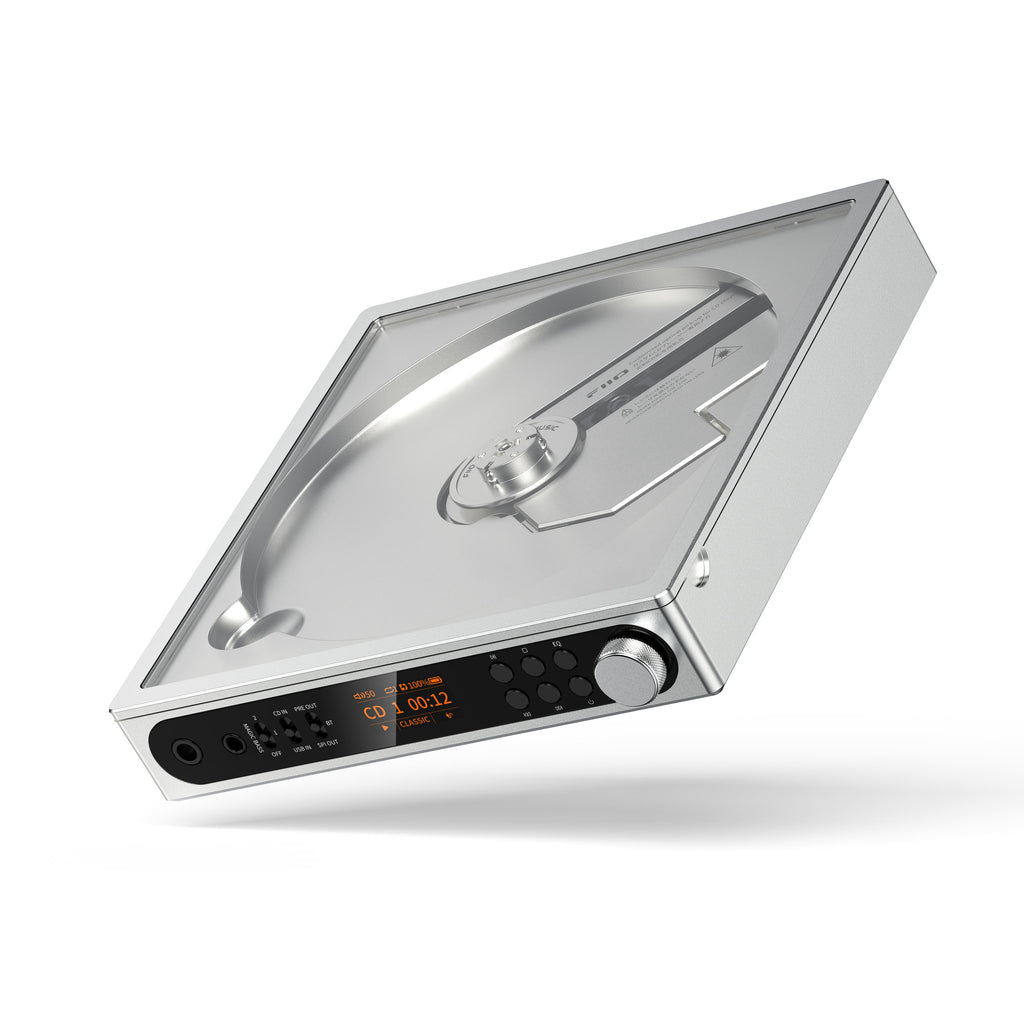 FiiO DM15 AKM 銀色 — 透明玻璃天窗展示內部 CD 機芯結構