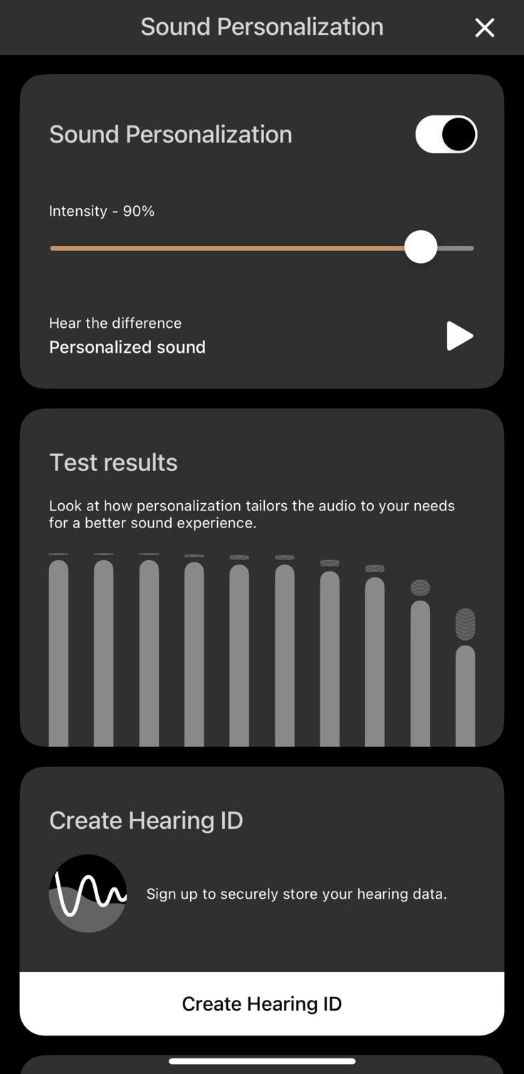 Customized Listening 個人化 EQ 功能的手機 App 介面