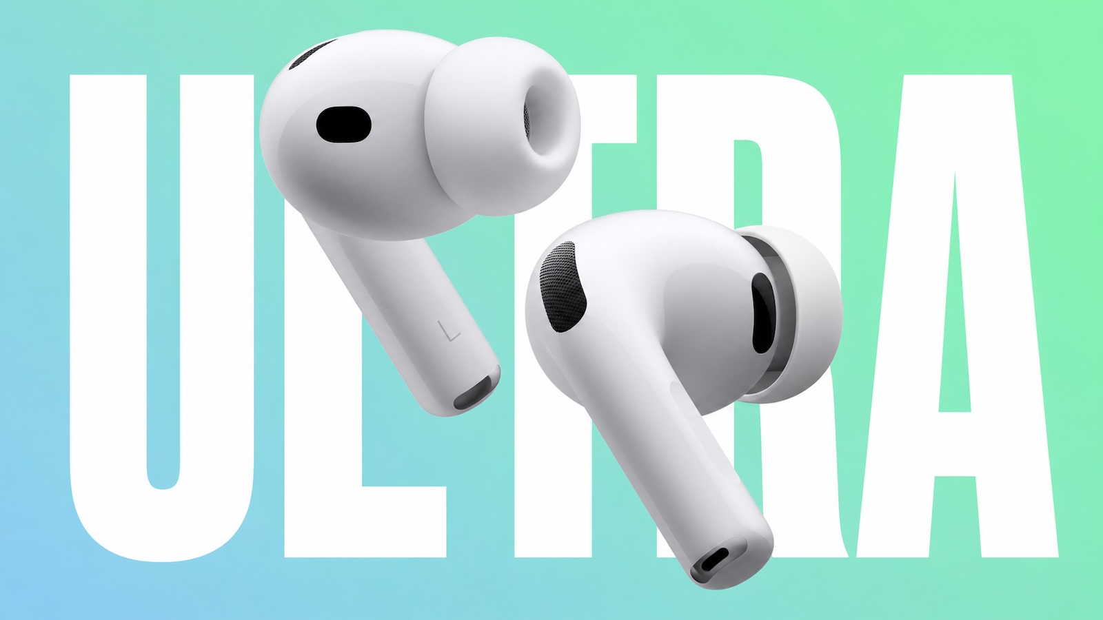 AirPods Ultra 概念渲染圖，背景印有 ULTRA 字樣